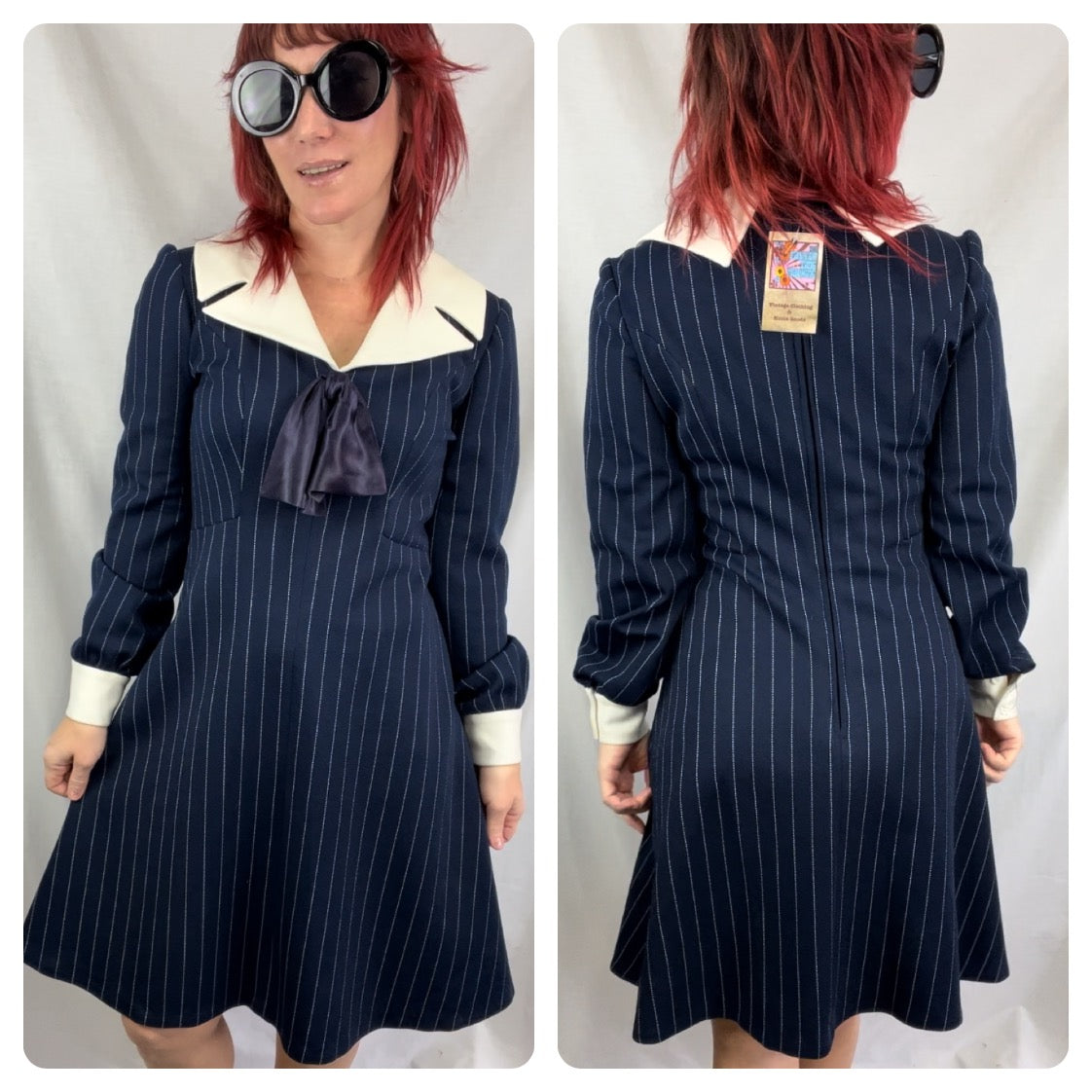 Vintage 1960s 60s | Navy GoGo Groovy Dagger Collar Mod A Line Mini Dress | S