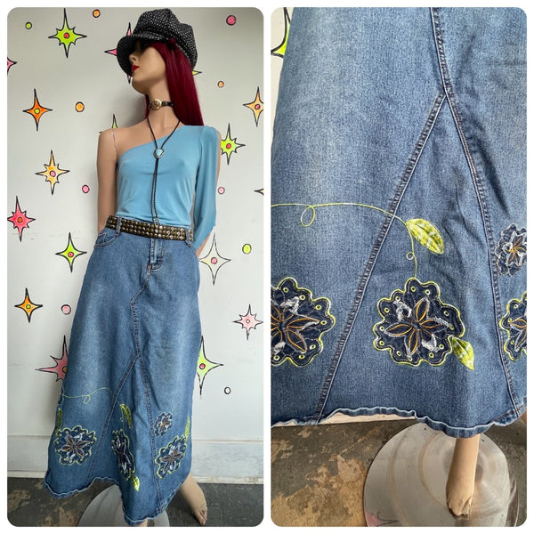 Y2K Embellished Denim Maxi Skirt Tattoo Print Patchwork Fairy Grunge Alt L