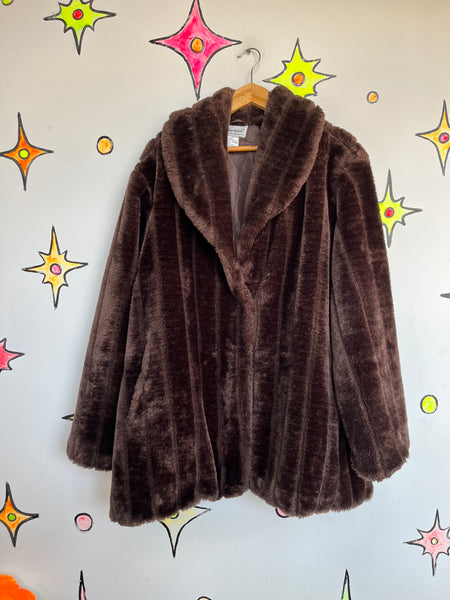 Vintage 70s 80s Y2K Brown Faux Fur Vegan Glam Mob Wife Pinup Boho Grunge Coat X+