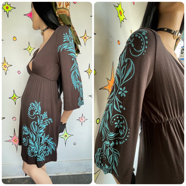 Y2K Brown and Blue Tattoo Print Mini Dress – Embroidered Boho Fairy Grunge S