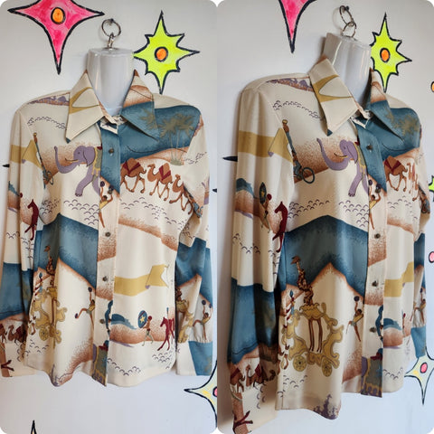 Vintage 70s | Groovy Artwear Disco Polyester Dagger Collar Shirt | M L
