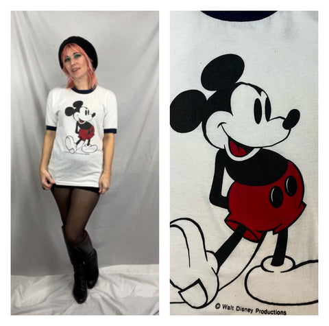 Vintage 70s | Mickey Mouse Walt Disney Ringer Tee Soft T Shirt | Size S M