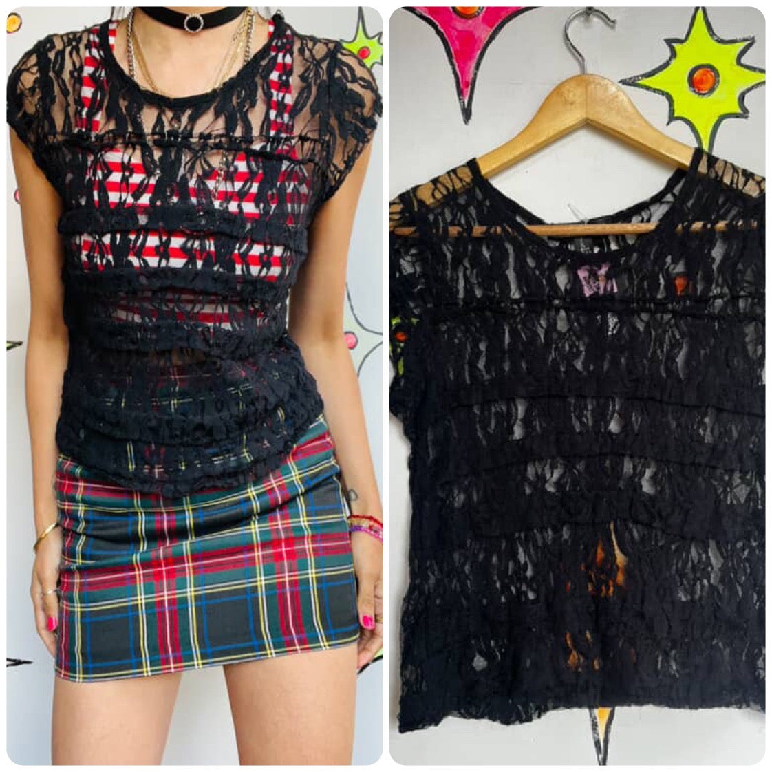 Vintage Y2K | Black Lace Sheer Goth Coquette Fairy Grunge Babydoll Blouse Top L