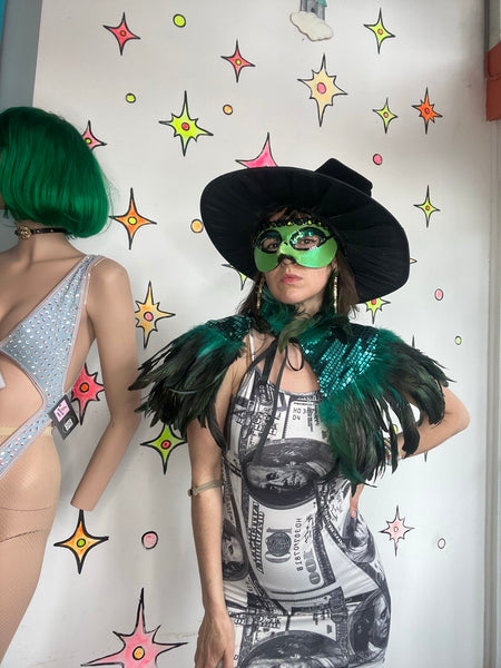 Y2K Metallic Emerald Feather Cape Glam Costume Statement Piece