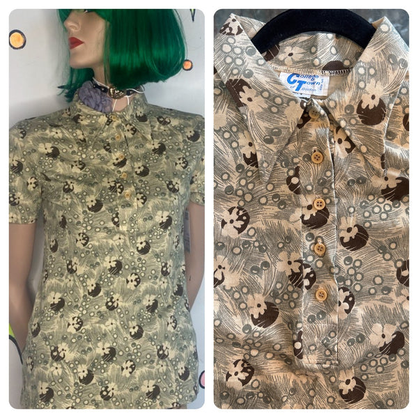 Vintage 70s Retro Groovy Fitted Button-Down Shirt Green Dagger Collar Top - M