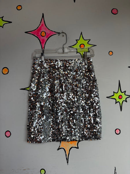 Metallic Silver Beaded Sequin Pencil Skirt Party Chainmail Galactic Glam M