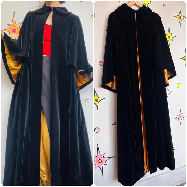 Vintage Antique? Rococo Cloak | Black Velvet Cape Lined in Gold Satin | OS