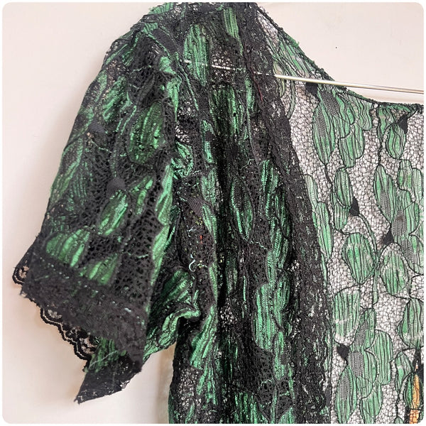 Vintage 70s 80s 90s Green & Black Fairy Grunge Babydoll Lace Boudoir Bed Jacket