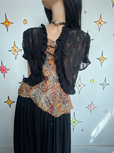Black Lace Shrug Blouse Romantic Fairy Grunge Gothic Top Boudoir Sheer Cardigan