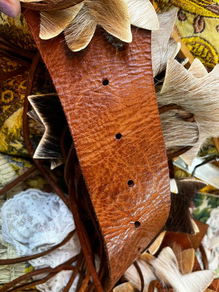 Vintage Brown Leather & Cowhide Fringe Belt w Star Patches Western Boho Grunge