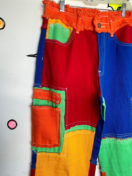 Rainbow Denim Wide Leg Patchwork Pants Y2K Boho Grunge Statement Jeans M/L