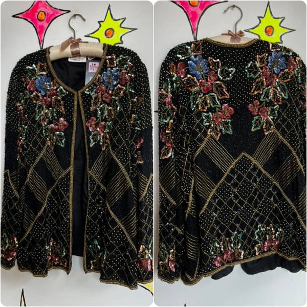Vintage 80s Art Deco Silk Sequin Party Blouse Jacket – Lawrence Kazar XL
