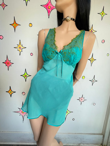 Y2K Seafoam Teal Slip Dress Mermaidcore Fairy Grunge Satin Lace Mini Dress S