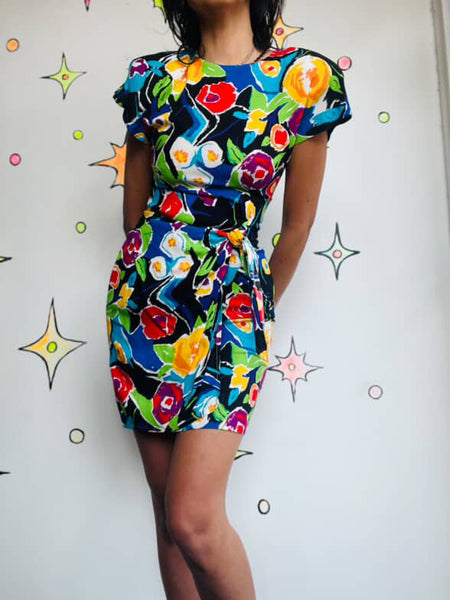 Vintage 80s Rainbow Abstract Art Wear Wrap Dress Boho Grunge w Shoulder Pads 5/6