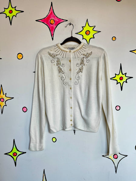 Vintage 1950s Creamy White Beaded Cardigan Sweater - Soft Fuzzy – Beaded - M