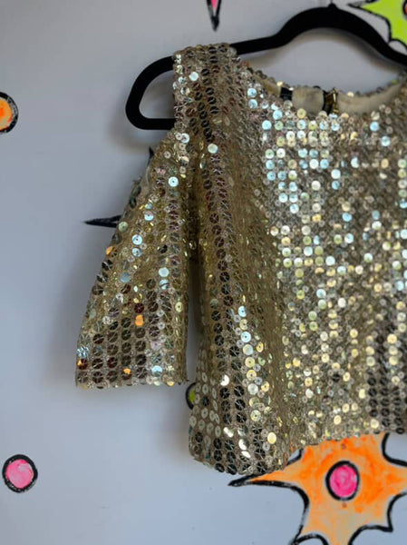 Vintage Gold Sequin Cold Shoulder Boho Disco Crop Top 70s Glam Party Blouse M/L