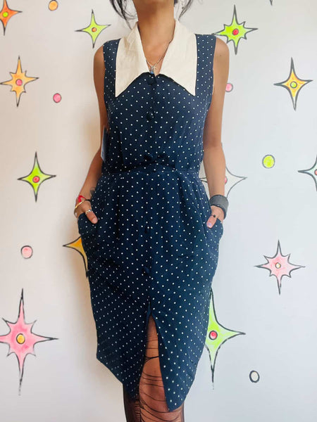 Vintage Evan-Picone Navy Polka Dot Silk Secretary Dress w/ Collar | Size 6