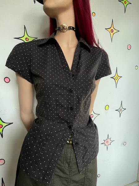 Vintage 90s Polka Dot Button Up Blouse Preppy Mall Goth Wardrobe Staple M
