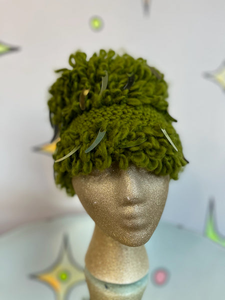 Vintage 1960s Green Shaggy Crochet Sequin Hat | Made in Japan | Wearable Art