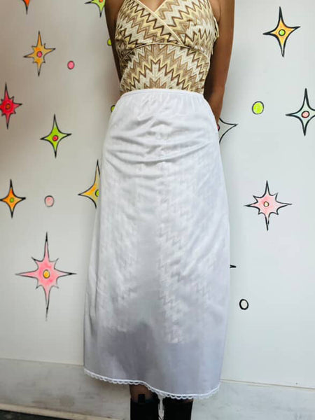 Vintage White Nylon Lace-Trim Half Slip w/ Side Slit Fairy Grunge Babydoll ML