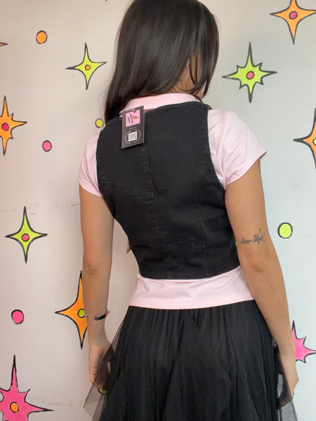 Y2K Black Denim Tailored Vest Indie Sleaze Mall Goth Academia Cropped M