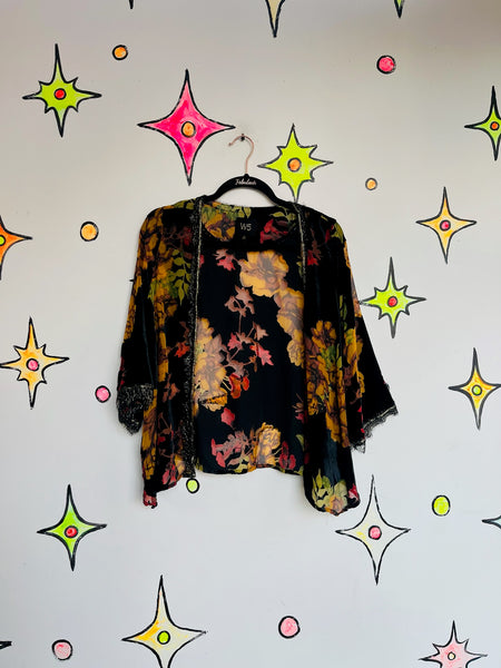 Black Velvet Kimono Floral Burnout Shimmer | Sheer Witchy Whimsy Goth Fairy | L