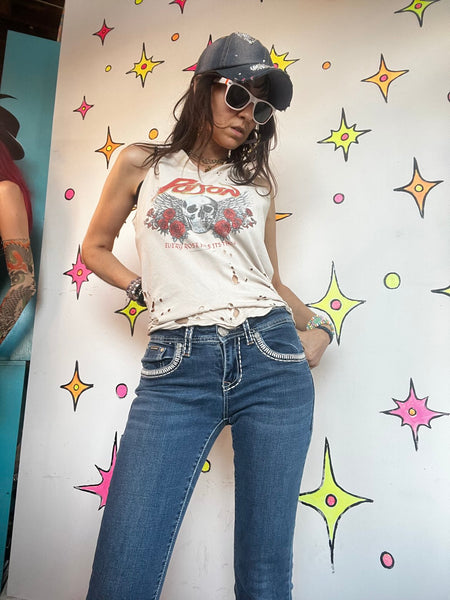 Y2K Rhinestone Denim Flare Jeans Low Rise Embellished Indie Sleaze McBling XS