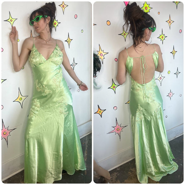 Y2K Pastel Green Satin Beaded Formal Gown Niki Livas Fairycore Prom S