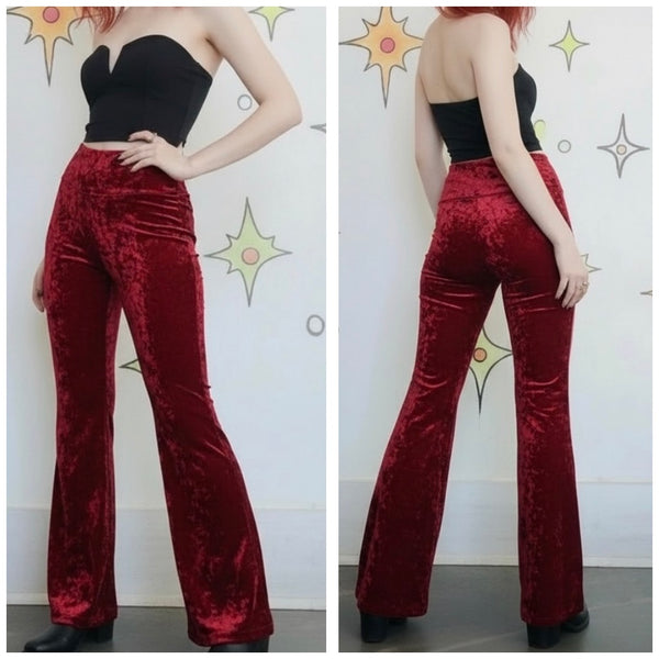 Y2K Red Velvet Flare Pants | Romantic Goth Vamp Grunge Stretch Leggings S