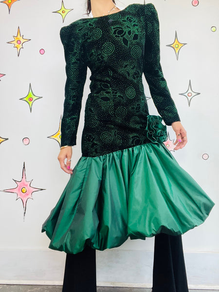Vintage 80s Green & Black Glitter Prom Dress Poofy Bubble Hem Party Gown Size 4