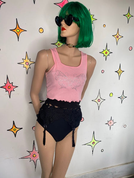 Y2K Pastel Pink Rhinestone Butterfly Top McBling Baby Tee Fairy Grunge S