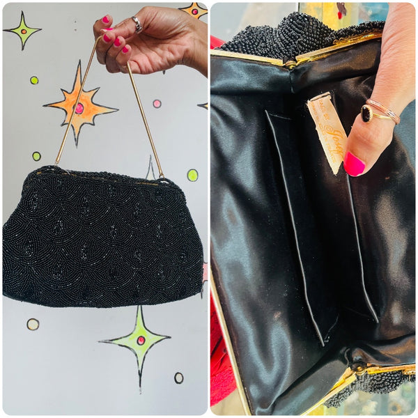 Vintage 1950s Fully Beaded Goth Glam Old Hollywood Purse Black Gold Bag Handbag