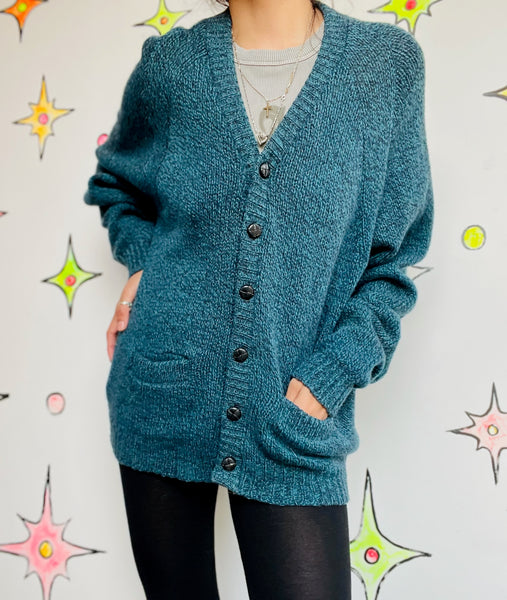 Blue 1950s Wool Cardigan | University Row by Revere 100% Shetland Vintage Knit L