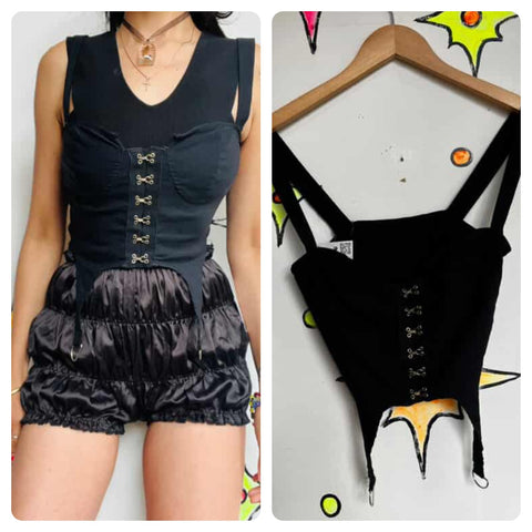 Vintage Black Corset Top - Stretchy Y2K Clubwear - Pirate Fairy Goth Grunge - L