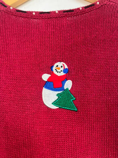 Vintage 90s Red Christmas Vest | Snowman Sweater Vest | Ugly Xmas Party – Size M