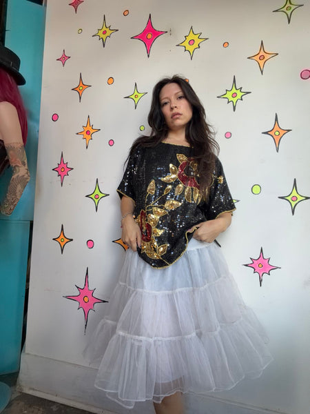 Vintage 80s Black Gold Sequin Party Blouse Maximalist Holiday Glam Disco Top