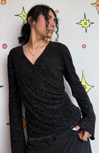90s Black Sparkle Top Beaded Fringe Witchy Goth Glitter Stretch Wrap Blouse M