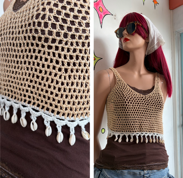 90s Beige Crochet Mermaidcore Crop Top Embellished Shells Fairy Grunge Boho S