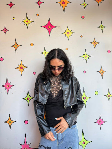 Y2K Black Cropped Moto Jacket | Vegan Leather Goth Grunge Cropped Jacket M