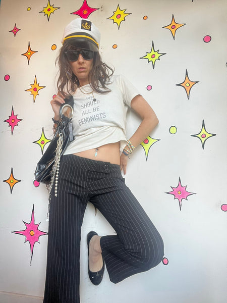 90s Y2K Pinstripe Flare Pants Low Rise Trousers Indie Sleaze Goth Grunge XS