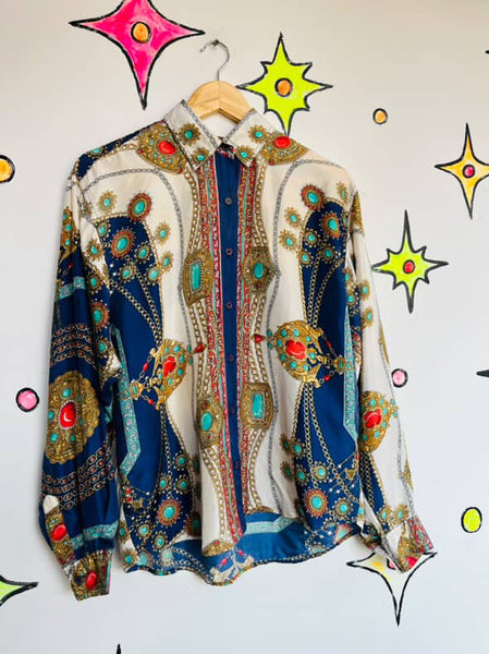 Vintage 90s Silk Scarf Print Rococo Revival Blouse - Boho Grunge Long Sleeve - M