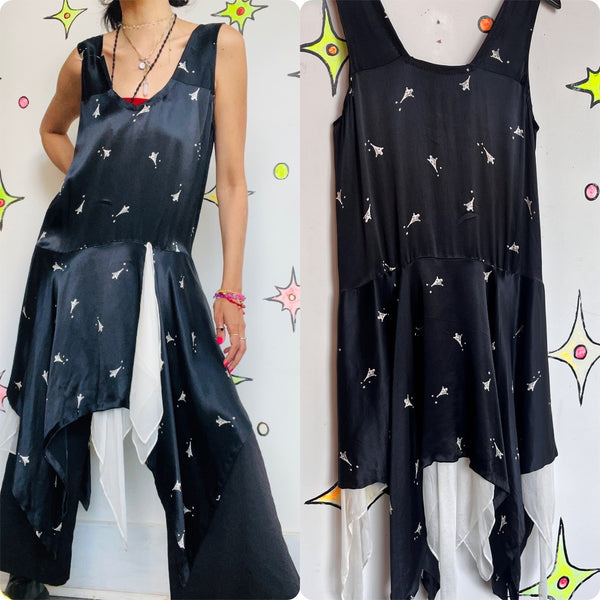1920s 30s | Black and White Silk Eifel Tower Print Handmade Slip Dress | S M
