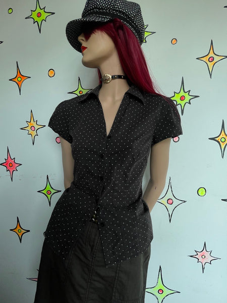 Vintage 90s Polka Dot Button Up Blouse Preppy Mall Goth Wardrobe Staple M