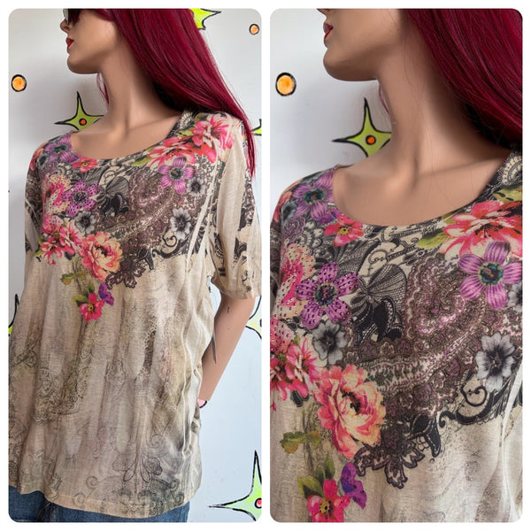 Vintage Y2K Affliction-Style Boho Grunge Fairy Tattoo Tee Embellished McBling XL