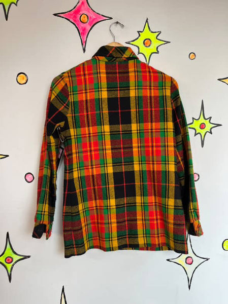50s 60s Wool Flannel Jacket Colorful Red Green Yellow Clowncore Boho Grunge - M