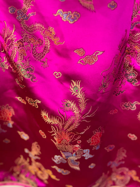 Vintage Hot Pink & Gold Satin Cheongsam Mini Dress | Geisha Kimono Style | M/L