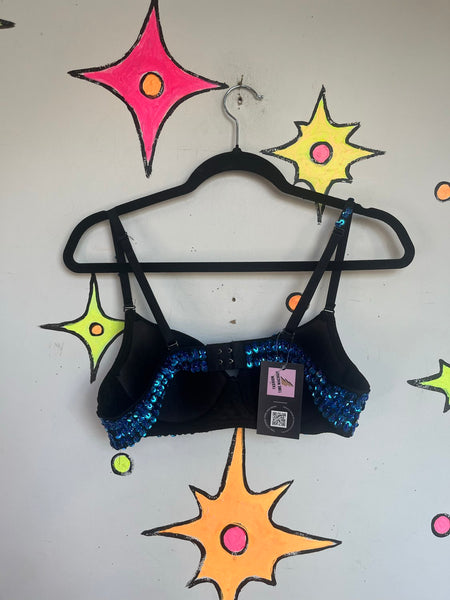 Blue Beaded Bra Top | Y2K Festival Mermaid Glam Sequin Bralette S