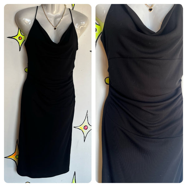 Vintage 90s Y2K | Black LBD Fairy Grunge Mall Goth Cowl Neck Slip Dress | 3/4