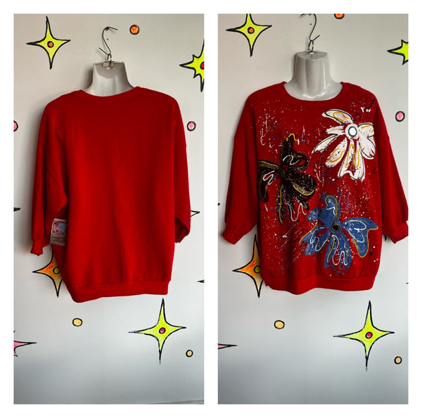 Vintage 80s | Red Puffy Paint Abstract Art Sweater | Large