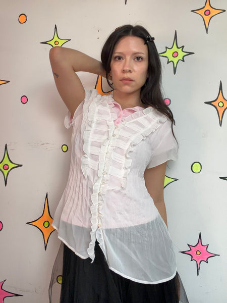 Vintage Y2K Sheer Ruffle Romantic Poet Blouse Edwardian Boho Fairy Top L